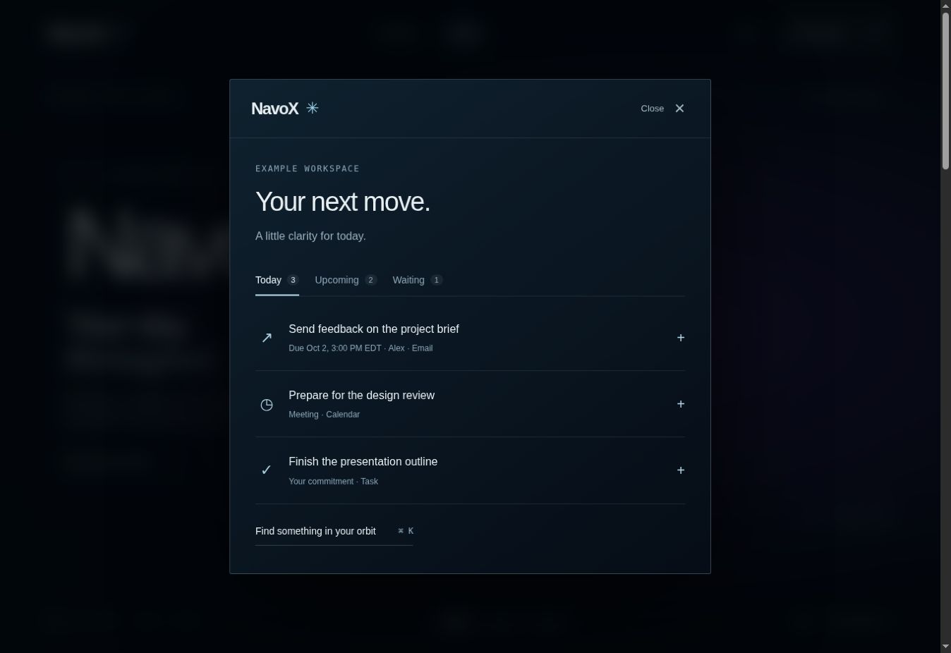 NavoX assistant interface from its documented sample-data walkthrough